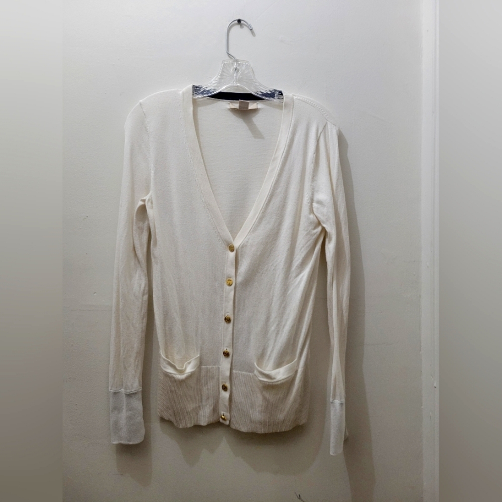 Banana Republic French Vanilla cotton long button down cardigan gold buttons SM